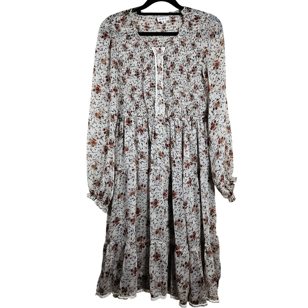 POL Ditzy Floral Smocked Dress Womens Beige Cottagecore Long Sleeve Semi Sheer